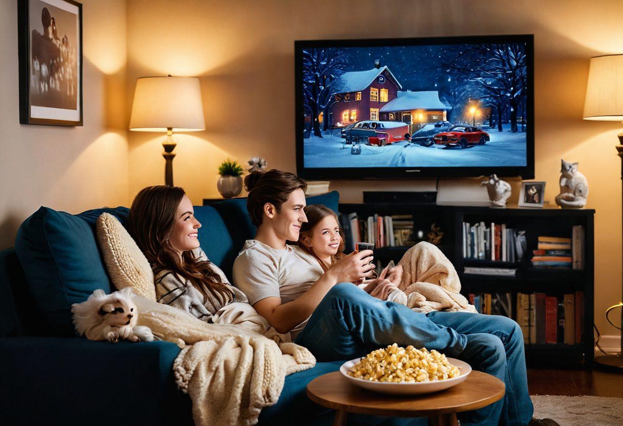 A cozy living room scene featuring a couple snuggled on a couch, surrounded by fluffy blankets and popcorn, watching an old romantic comedy on a big screen. Twinkling fairy lights hang in the background, creating a warm, inviting atmosphere. A stack of classic movie DVDs and a soft glow from a nearby lamp add to the charm. The room is filled with a mix of retro and modern decor. vibrant colors. cozy illustration. soft focus.