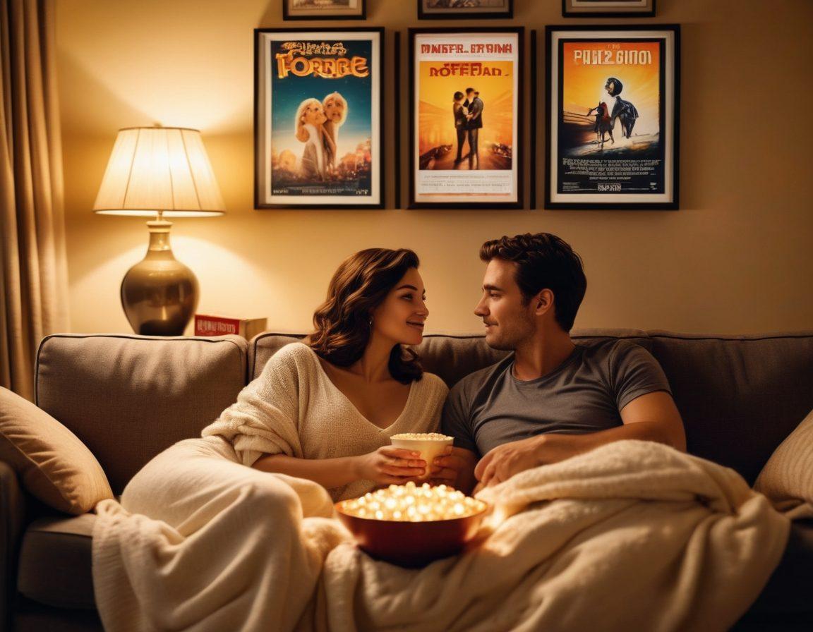 A romantic scene featuring a couple watching a classic love-themed film together on a cozy couch, soft golden lighting enveloping them, with iconic movie posters of legendary love films in the background. To add warmth, a bowl of popcorn and cozy blankets lie scattered around them, evoking intimate cinematic moments. The atmosphere reflects a blend of nostalgia and romance. warm colors. soft focus. super-realistic.