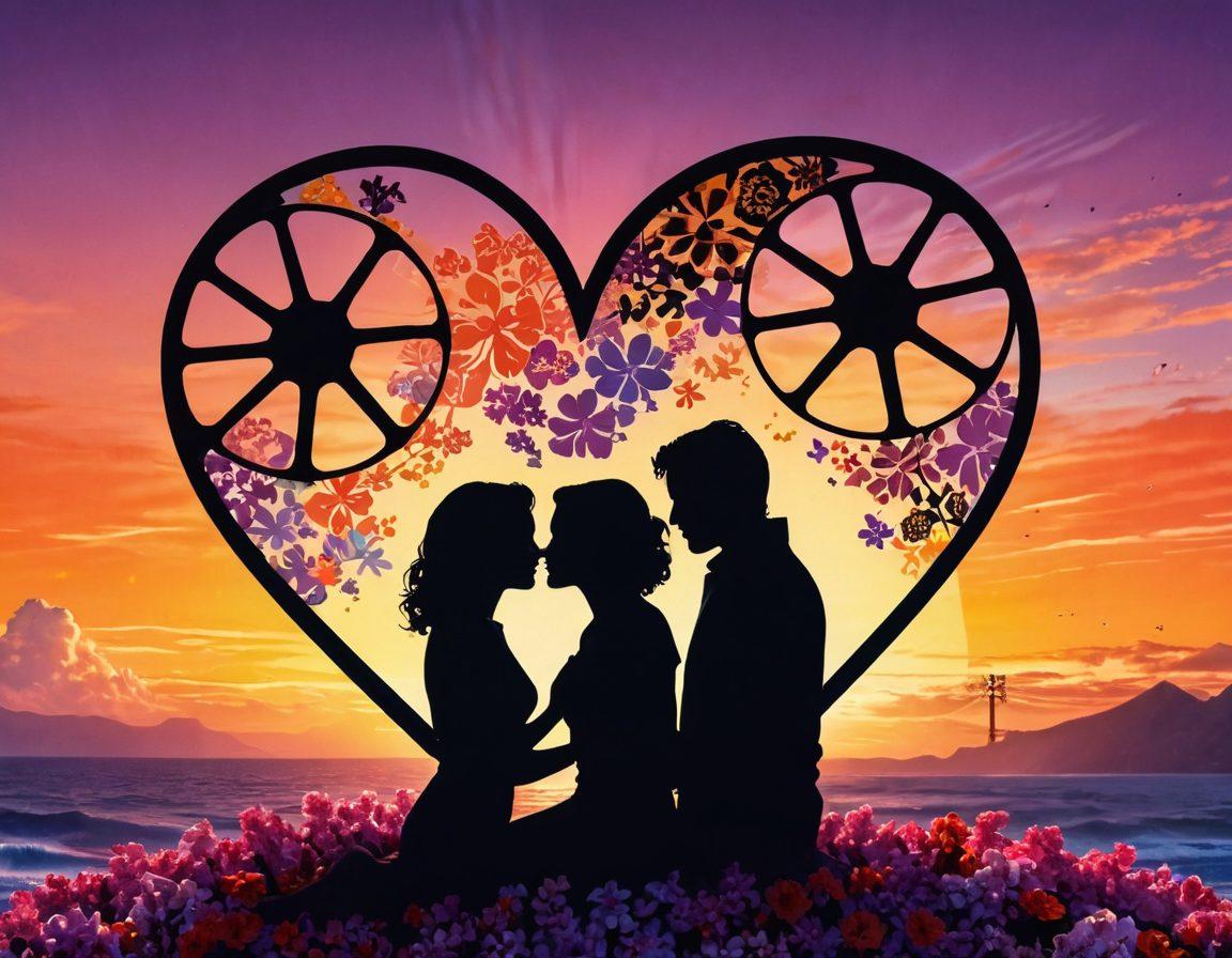 A heart-shaped film reel intertwining with a romantic couple silhouetted against a vibrant sunset, surrounded by iconic movie posters representing love stories across different genres. Flowers and popcorn scattered around to symbolize a date night setting. The sky transitions from warm oranges to deep purples, illustrating the spectrum of love. super-realistic. vibrant colors. 3D.